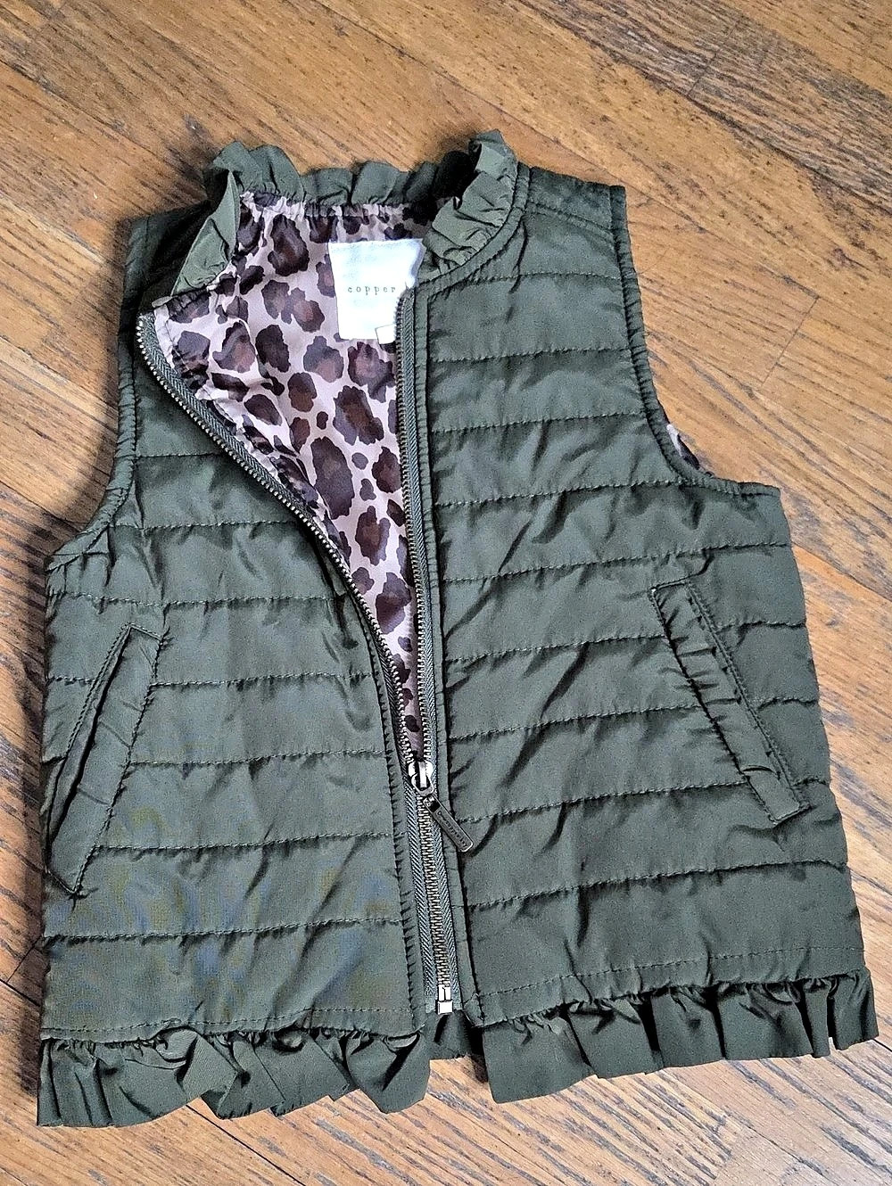 Copper Key Olive Quilted Ruffle Vest - Picture 2 of 5